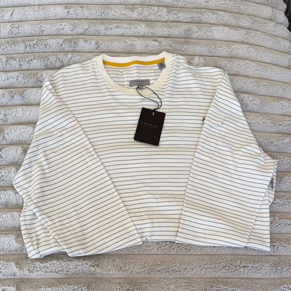 Ted Baker White Top with Navy Pinstripes and Yellow Trim - Long Sleeve